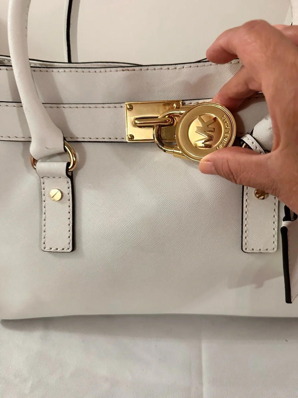 Michael Kors White Leather Satchel with Gold Lock